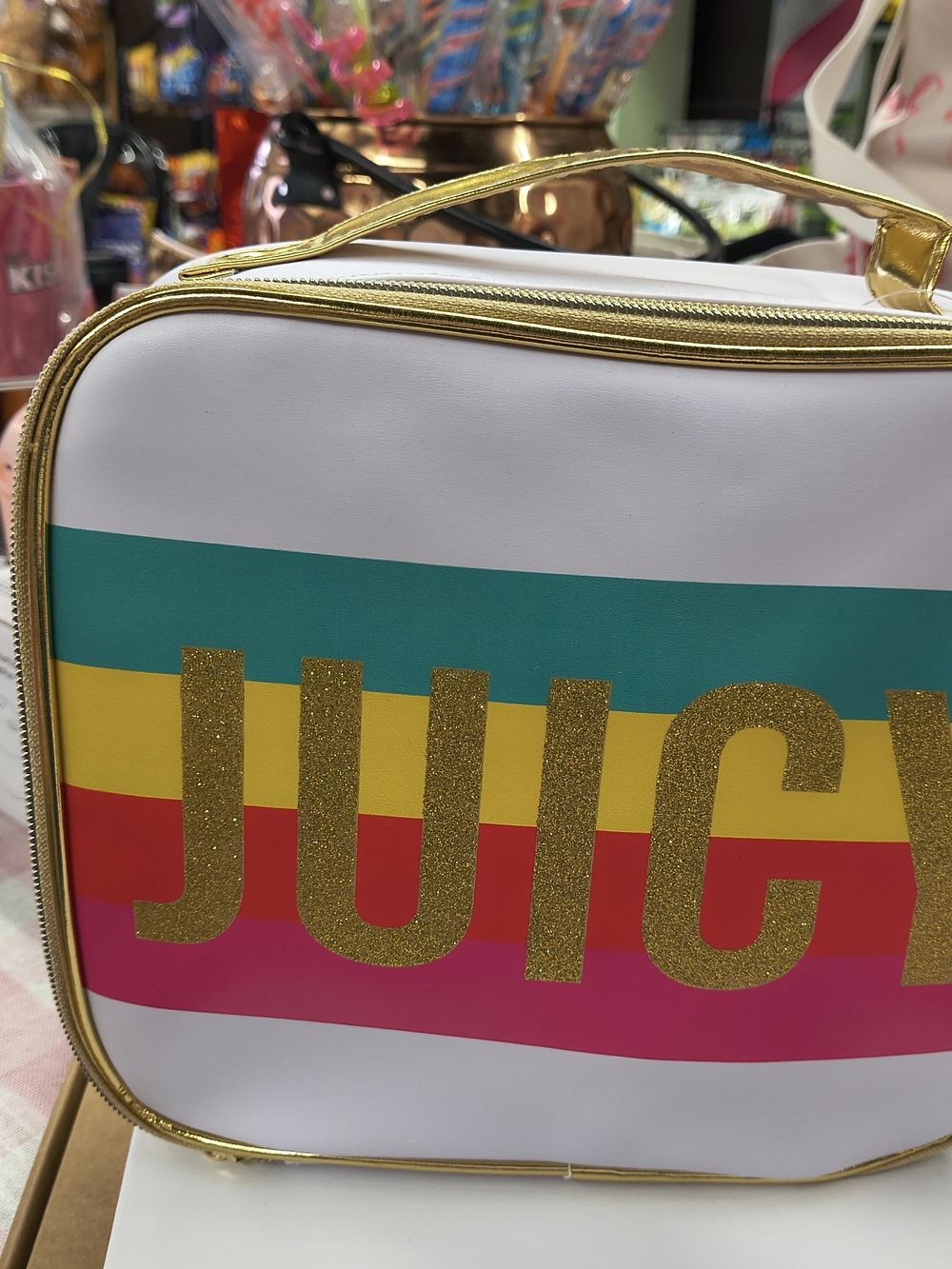 Juicy Couture White Cosmetic Case with Rainbow Stripes
